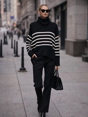 GAP Split Hem Turtleneck Breton Stripe Black White Sweater M Parisian Classic